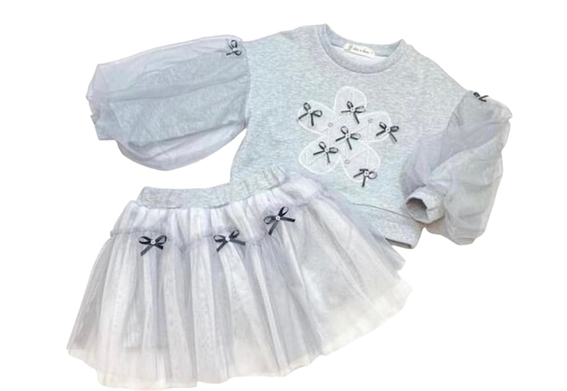 Toddler Grey Mesh Sleeve Top & Bow TuTu Skirt Set