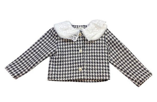 Toddler Lace Fur Collar Houndstooth Jacket