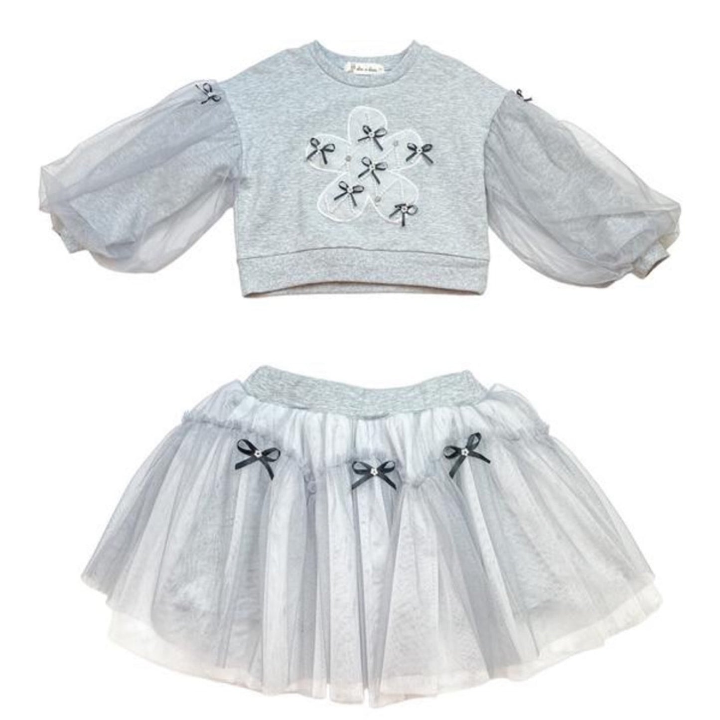 Toddler Grey Mesh Sleeve Top & Bow TuTu Skirt Set