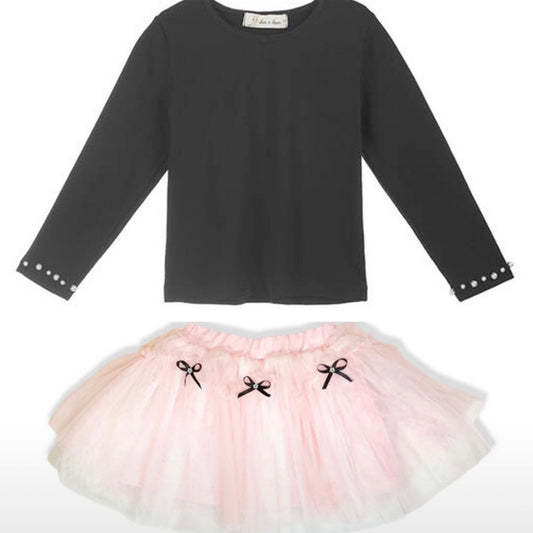 Toddler Black Long Sleeve Shirt & Pink Bow Tutu Skirt Set