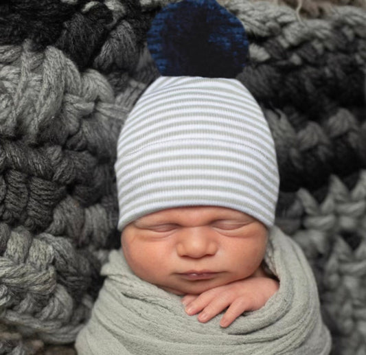 Gray Stripe Newborn Hat with Navy Pom Pom