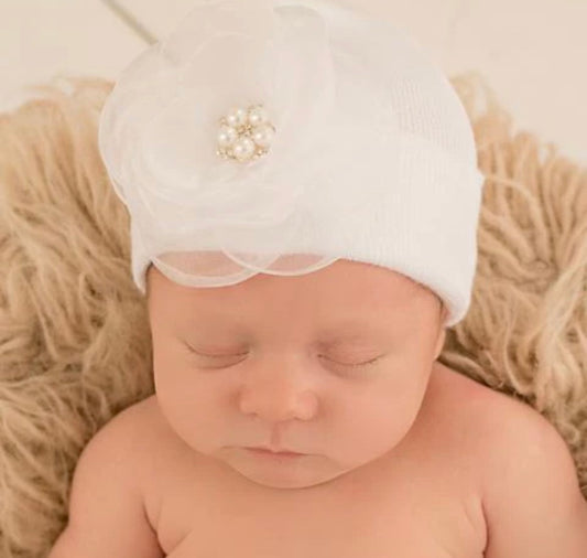 White Sheer Newborn Hat with Pearl Flower