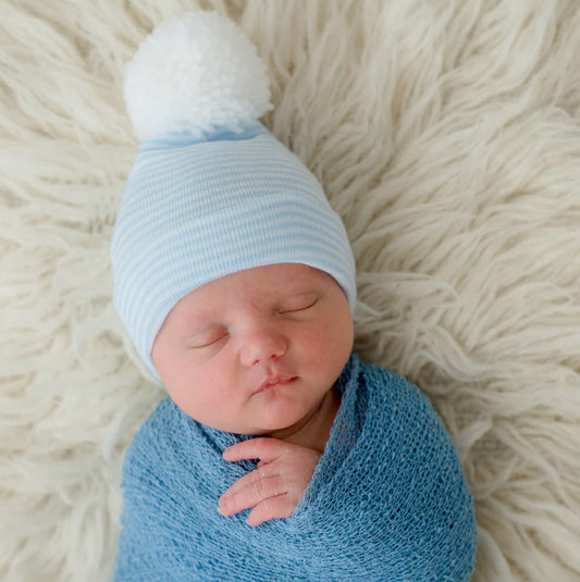 Powder Blue Stripe Newborn Hat with White Pom Pom