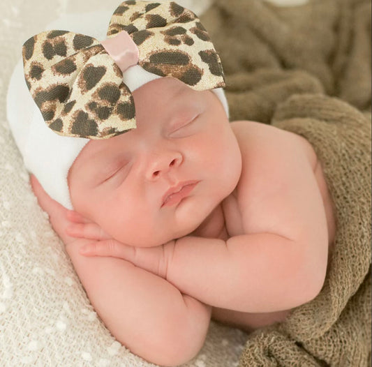 Leopard Bow Newborn Hat